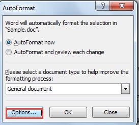 Click "Options" on the Left-down Side in "AutoFormat" Window