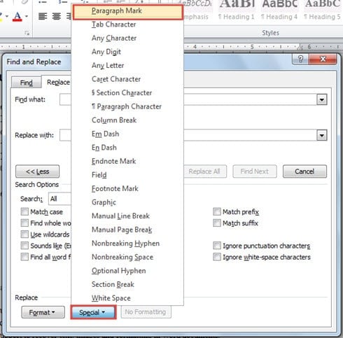 Click "Special" ->Click "Paragraph Mark"