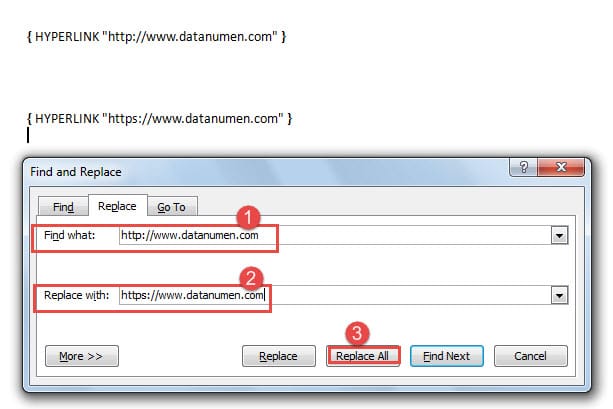 Type "https://www.datanumen.com" in "Find what" Text Box ->Type "https://www.datanimen.com" in "Replace with" Text Box ->Click "Replace All"