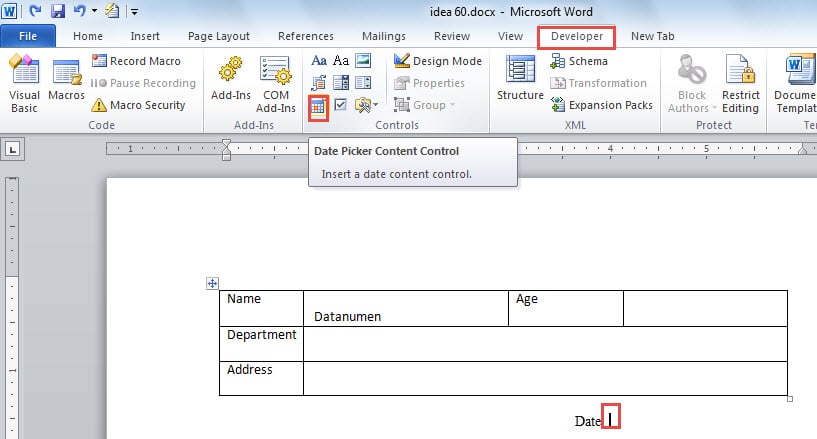 Put Cursor Correctly ->Click "Developer" ->Click "Date Picker Content Control" to Insert A Date Content Control