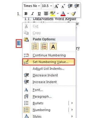 Select Level 1 Number in the Newly Pasted List ->Right Click ->Choose "Set Numbering Value"