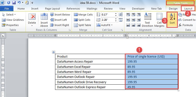 Select the Data ->Click "Layout" ->Click "Sort" Icon