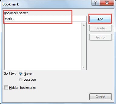 Type a Bookmark Name ->Click "Add"