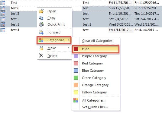 Assign Unwanted Calendar Items to the New Category