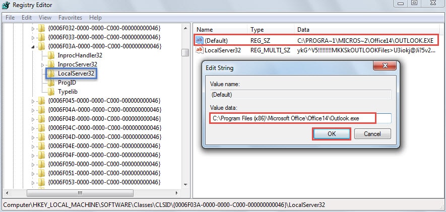 Change "Default"'s Value Data to the Installation Paths of Outlook Program