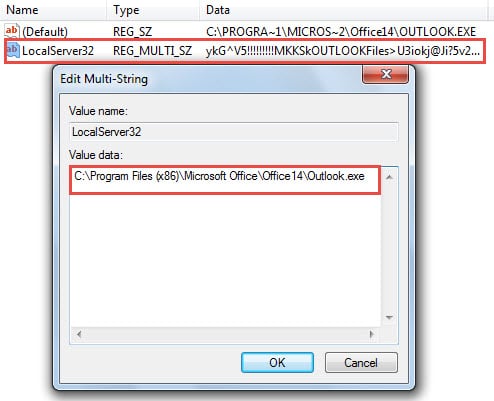 Change LocalServer32's Value Data to the Installation Paths of Outlook Program