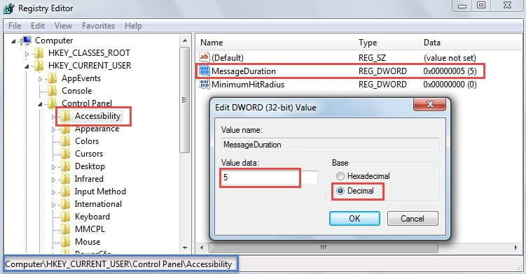 Change MessageDuration Registry Value