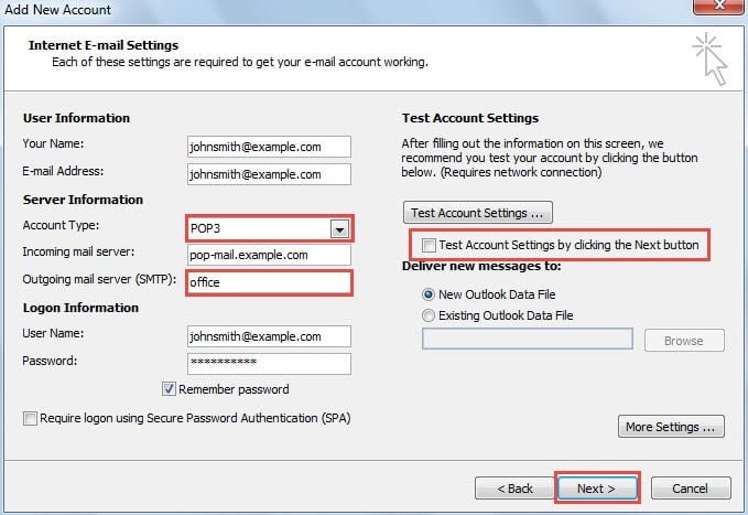 Configure the Email Account with Fake Outgoing Server