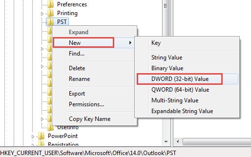 Create a New DWORD Value under PST
