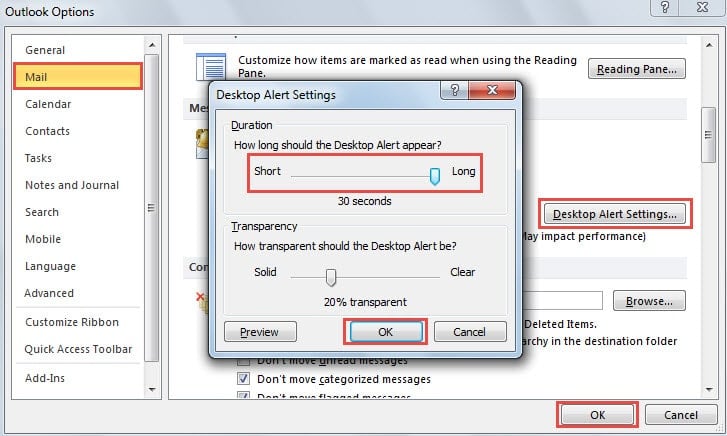 New Mail Desktop Alert Settings