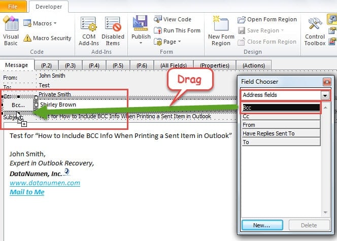 Drag BCC Field to the Message Form
