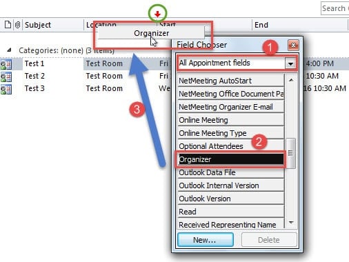 Drag Organizer to the Field Row