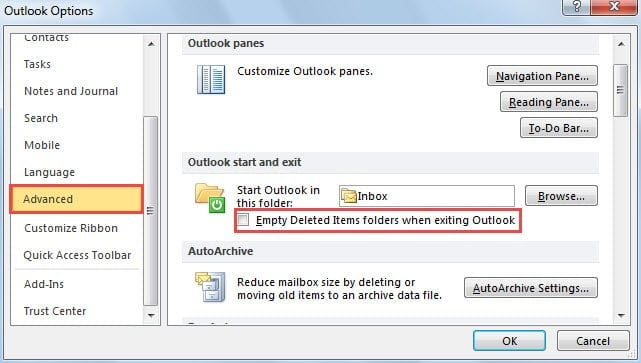 Empty Deleted Items Folder When Exiting Outlook