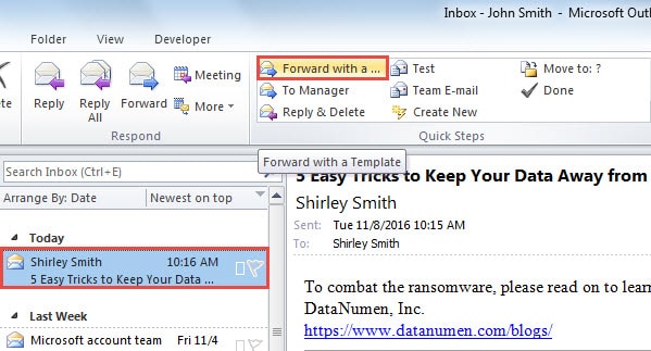 Forward Emails with a Template via Quick Steps