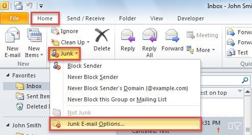 Junk Email Options