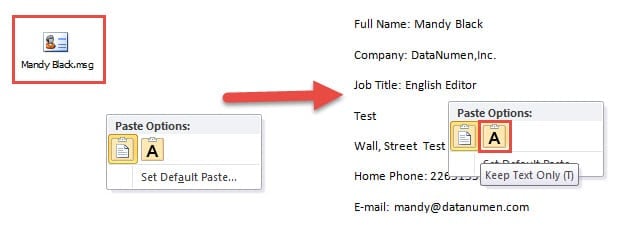 Select "Keep Text Only" to Insert Contact Info