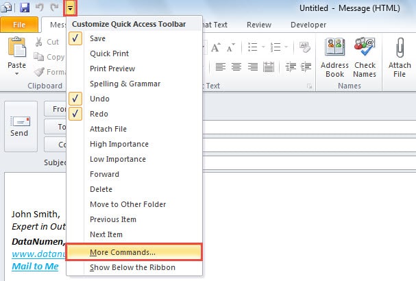 More Commands in Quick Access Toolbar