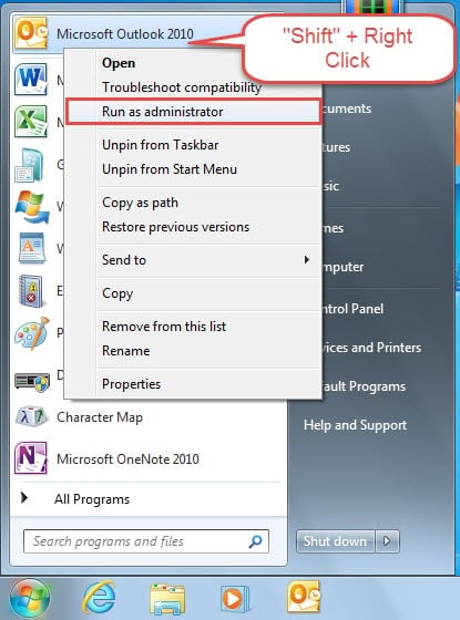 Run Outlook as administrator