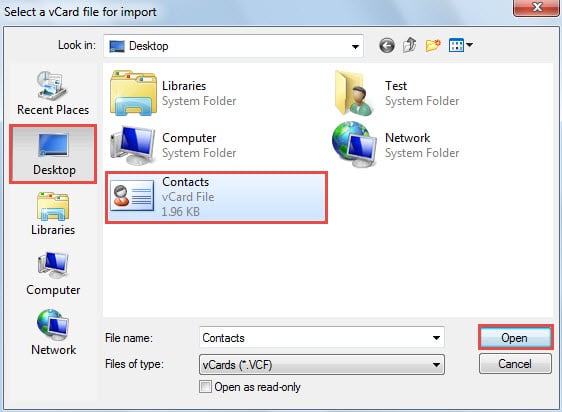 Select a vCard file for import