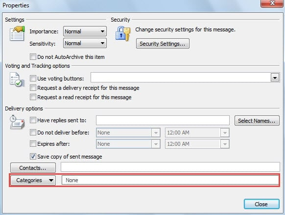 Specify Categories in Mail Options
