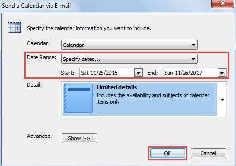 Specify Date Range in Sharing Calendar