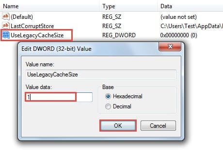 Speicify Value Data of UseLegacyCacheSize