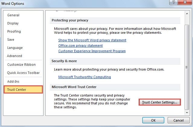 Trust Center Settings in MS Word
