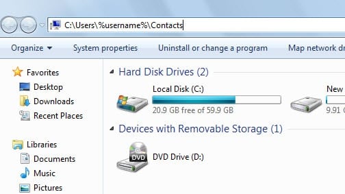 Type the default path to Windows Contacts folder in address bar