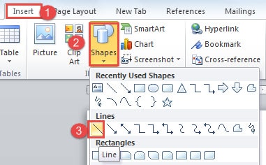 Click "Insert" -> Click "Shapes" -> Choose "Line"