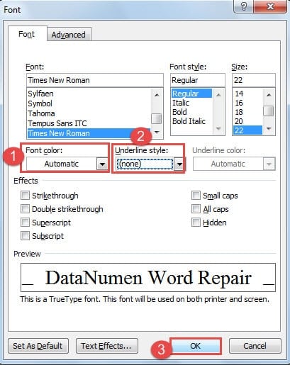 Choose "Automatic" for "Font color" ->Choose "none" for "Underline style" ->Click "OK"