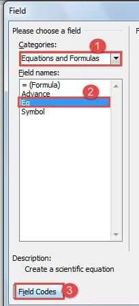 Choose "Equations and Formulas" -> Click"Eq" Field Name ->Click "Field Codes"