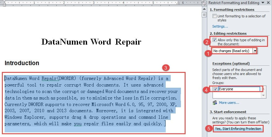 Choose "No changes" -> Check "Allow only this type of editing in the document" Box -> Select the Text -> Check "Everyone" Box -> Click "Yes, Start Enforcing Protection"