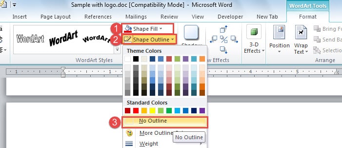 Choose a Color for "Shape Fill" ->Click "Shape Outline" ->Choose "No Outline"