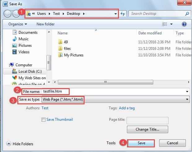 Choose a Location ->Name the File ->Choose Web Page as Save Type ->Click "Save"