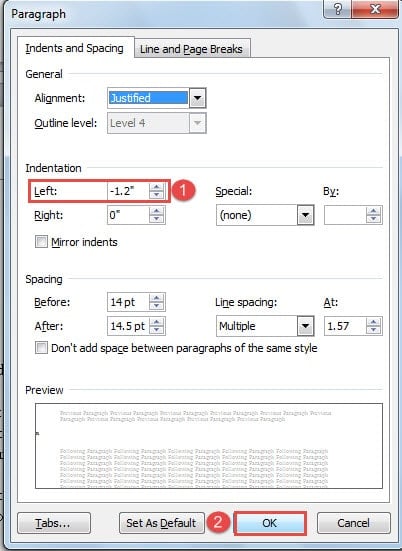 Choose a Negative Indentation Value -> Click "OK"