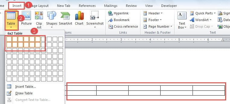 Click "Insert" ->Click "Table” ->Choose a Size for Table