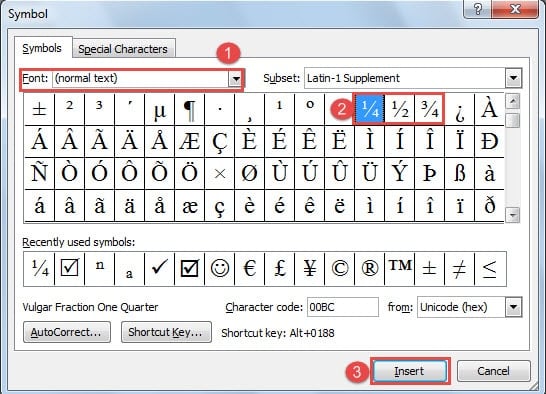  Choose "normal text" for "Font" ->Find Symbols ->Click "Insert"