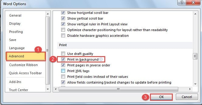 Click "Advanced" ->Check "Print in background" ->Click "OK"