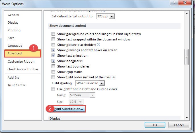 Click "Advanced" ->Click "Font Substitution"