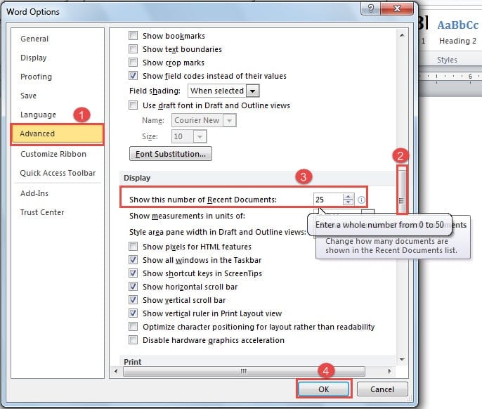 Click "Advanced" ->Scroll down to Find Display part ->Set the Number as "0" ->Click "OK"