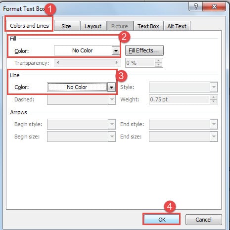 Click "Colors and Lines" Option ->Choose "No Color" for Both "Fill" and "Line" -> Click "OK"