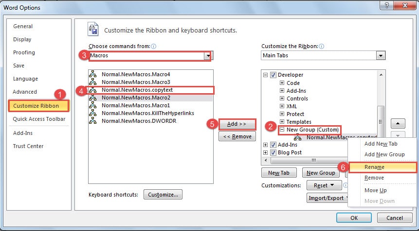 Click "Customize Ribbon" -> Choose a Place for the Macro -> Choose "Macros" in "Choose commands from" -> Click the Macro -> click "Add" -> Right Click the Macro -> Choose "Rename"