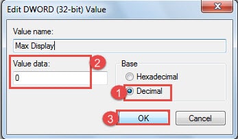Click "Decimal" ->Type "0" on "Value data" Text Box ->Click "OK"