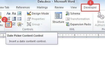 Click "Developer" ->Click "Date Picker Content Control"