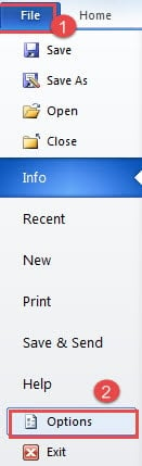 Click "File" ->Click "Options"