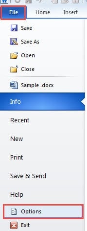 Click "File" ->Click "Options"