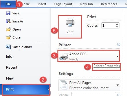 Click "File" ->Click "Print" ->Choose "Adobe PDF" for "Printer" ->Click "Printer Properties" ->Click "Print"