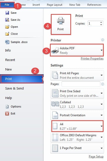 Click "File" ->Click "Print" ->Choose "Adobe PDF" as Printer ->Click "Print"