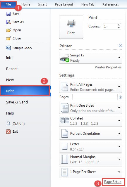 Click "File" ->Click "Print" ->Click "Page Setup"