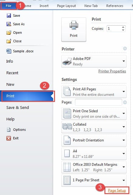 Click "File" ->Click "Print" ->Click "Page Setup"